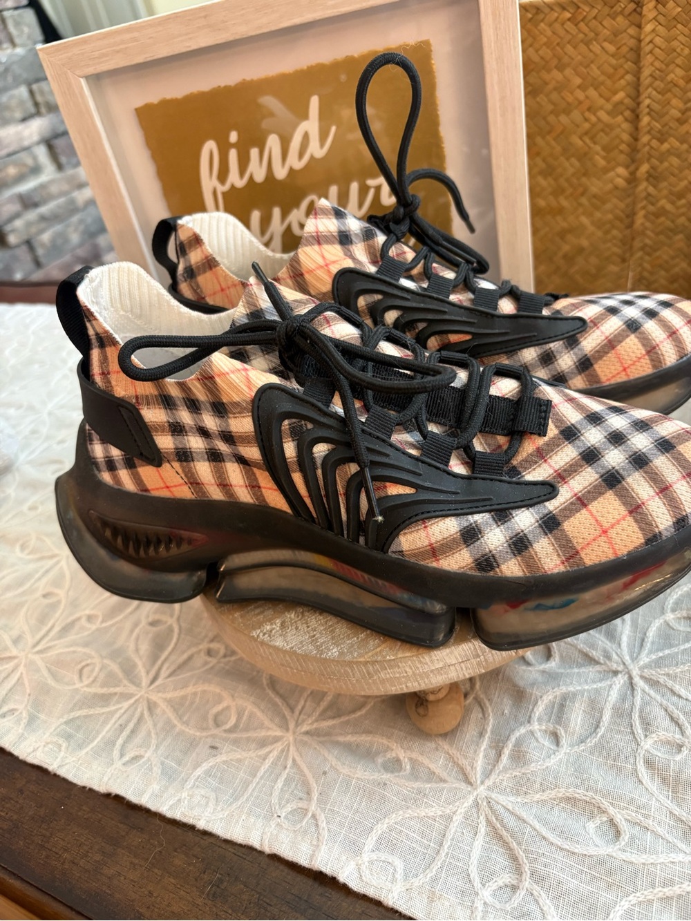 Beige Plaid Chunky Platform Sneakers Women’s Size 8